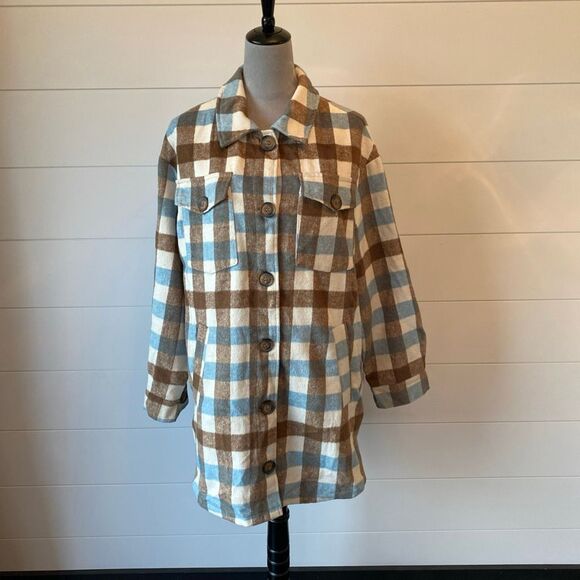 C & C California Plaid Flannel Shacket Jacket Oversized Blue Brown Size Medium - Picture 1 of 10
